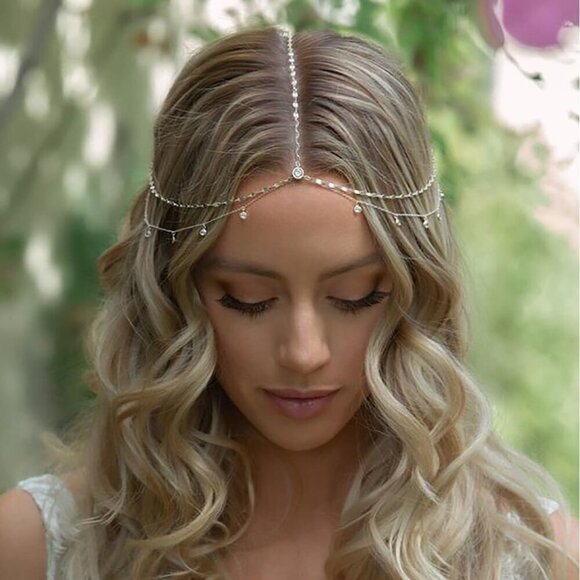 Rhinestone Head Chain Copper Wedding Bridal Headpiece Layered Festival Prom Hair main image 5